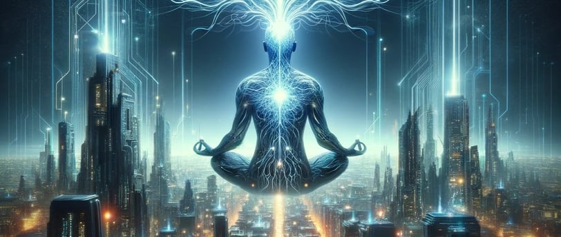 a man meditating in meditation position in a city