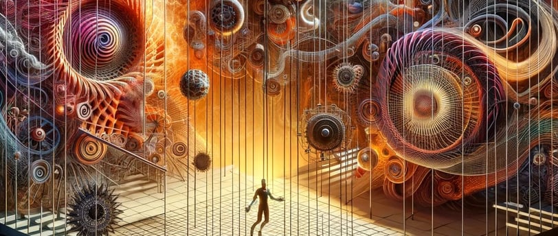 lejra man walking through a room with a large amount of different colored and shapeslejr