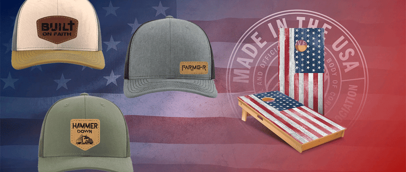 a variety of hats and caps on a flag - colored background