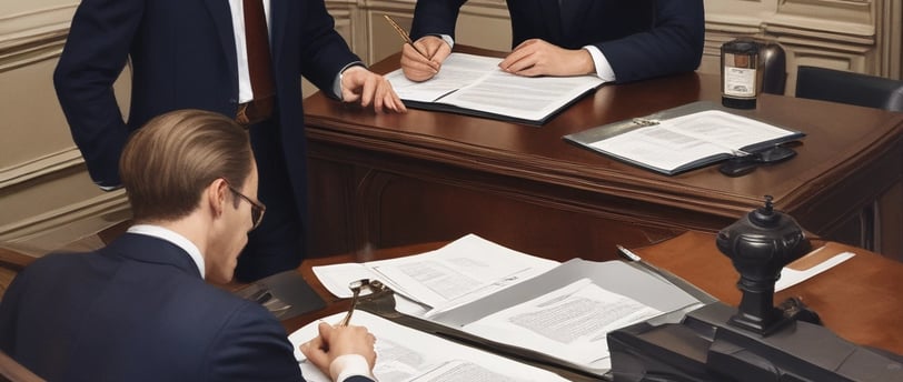 A picture of two men signing documents while a notary observes the signatures.