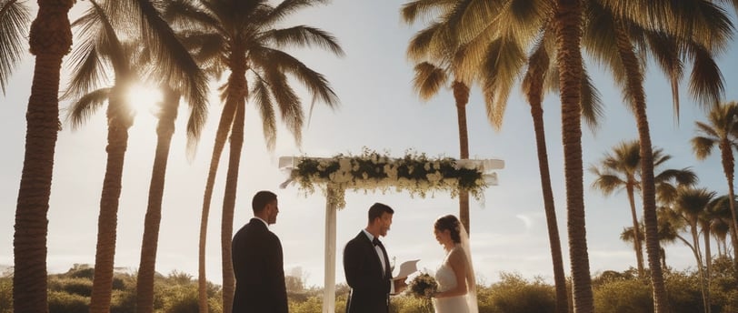 A picture of a man and a woman getting married outside with palm trees in the background.
