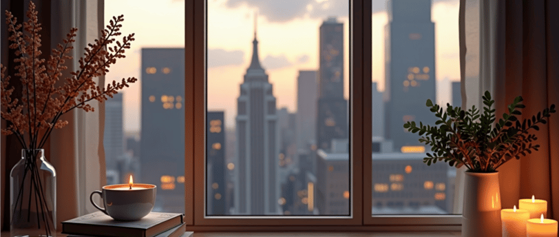 a candle lite up in the window of a city
