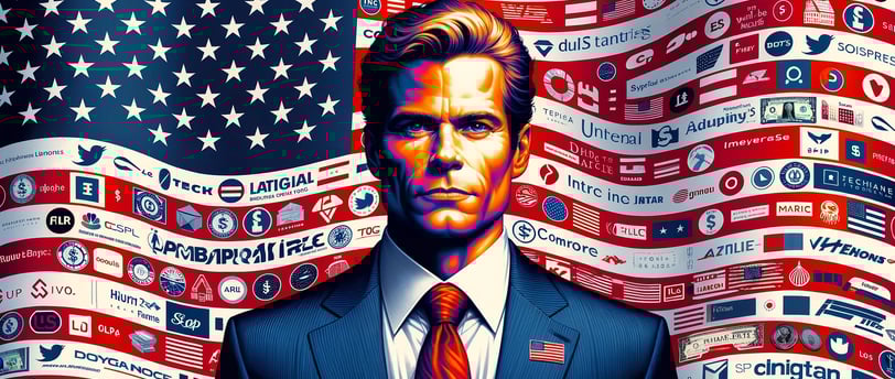 Representación de la relación entre empresas y política en Estados Unidos, con logos corporativos sobre la bandera estadounid