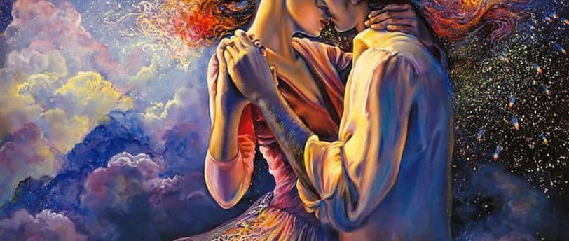 a couple kissing in the sky with a star in the background
