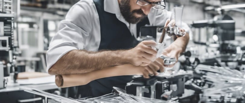 a man in a factory with a glass of wine