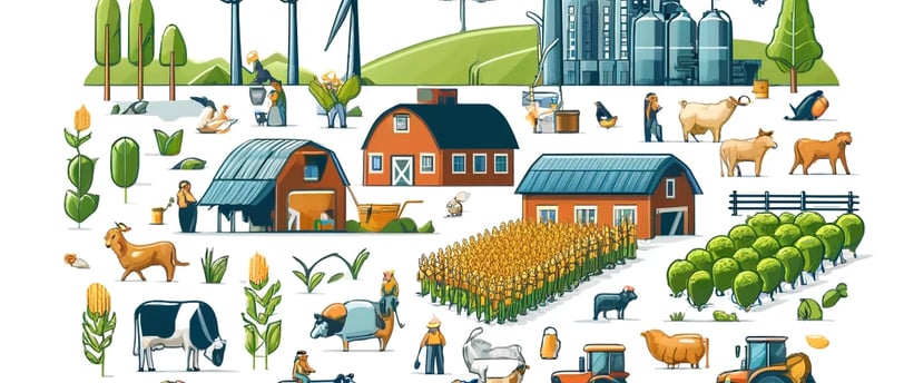 a farm with a windmill and farm animals