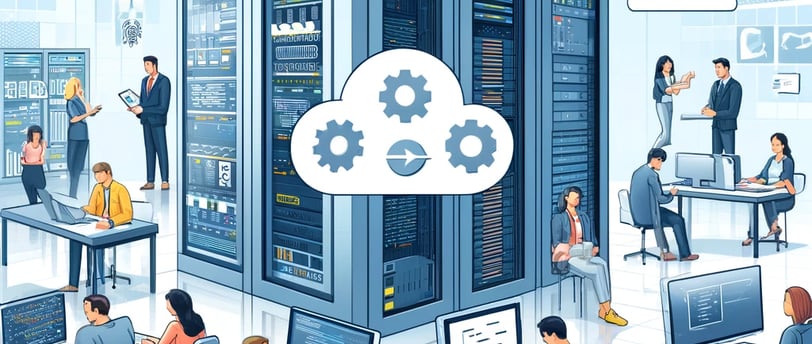 a group of people working on computers and a cloud computing