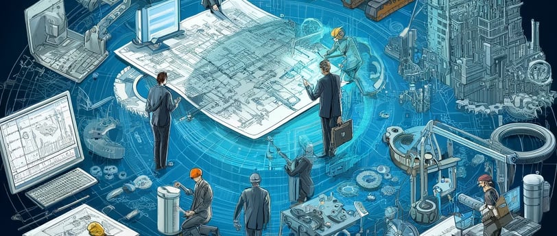 a group of people standing around a large blueprint