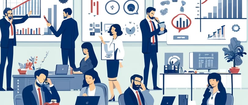 a group of people in business attire are standing in front of a whiteboard with