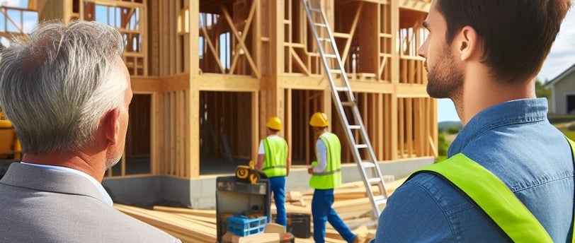 a general contracror and his client standing in front of a house that is being remodeled