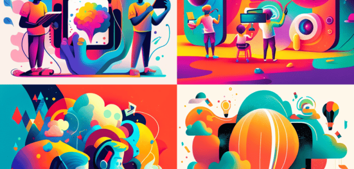Created with Midjourney using the prompt "colorful illustration of happy artists using technology to