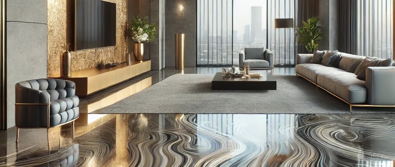 a living room with a large marbled floor