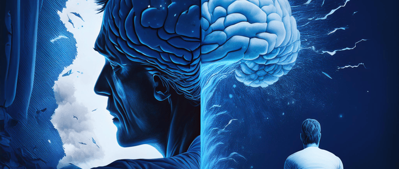 A man sat up in bed, unable to sleep, with an oversized image of his brain overlayed and overactive 