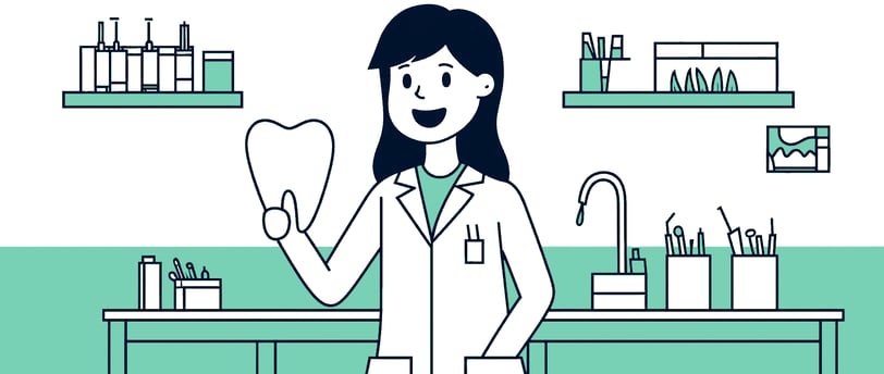A female dentist holds giant tooth in an office, representing efficient bookkeeping in dental clinic