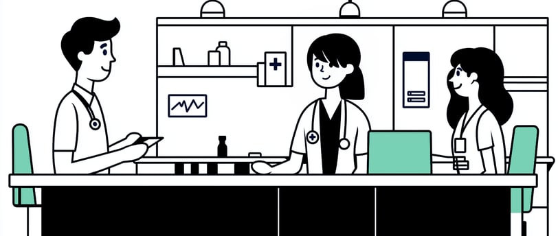 illustration of a healthcare office with sections for billing, compliance, and financial reporting