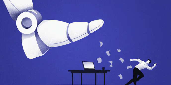 Pie de un robot amenzando con pisar el escritorio de trabajo de un empleado y éste se escapa