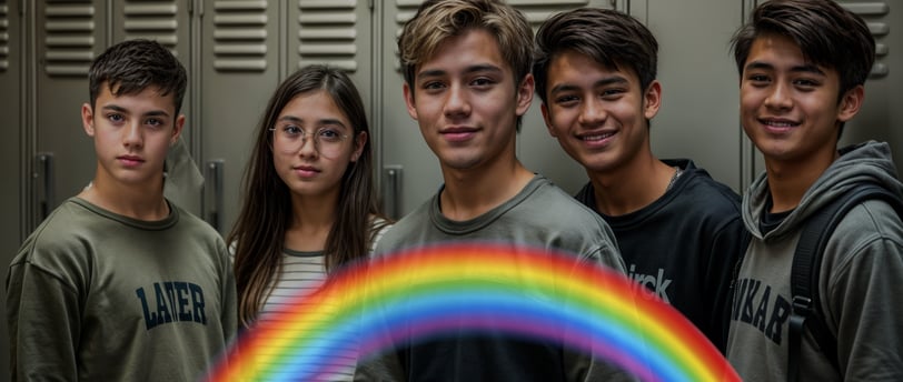 ai generated image of my characters standing in front of high school lockers with a rainbow