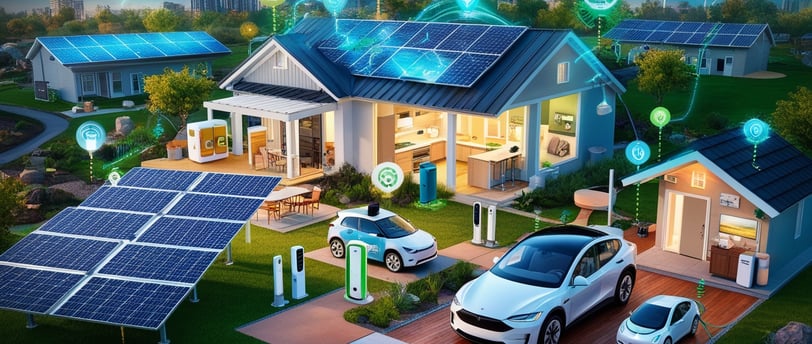 casas, carros e gadgets demonstrando tecnologia sustentável
