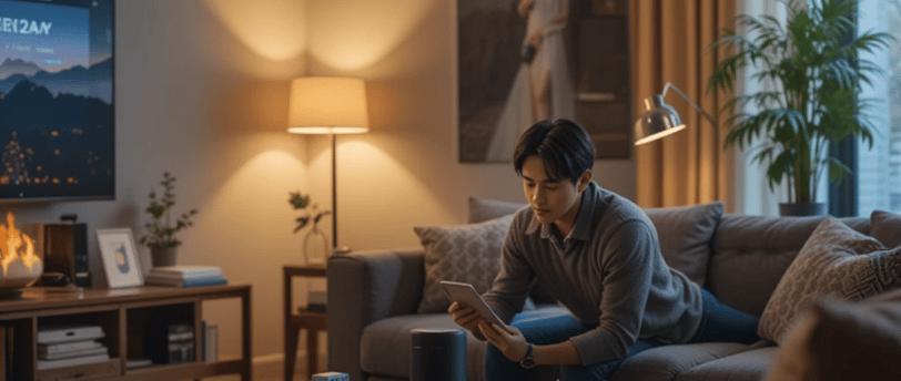 PESSOA EM UMA SALA INTERAGINDO COM O GOOGLE ASSISTANT