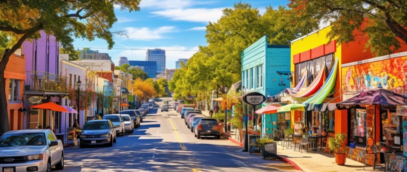 a street scene in Austin, Texas with cars parked