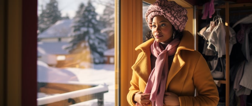 a woman dressed for the cold weather in a yellow coat and pink scarf