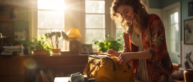 a woman is standing in a room with a yellow bag