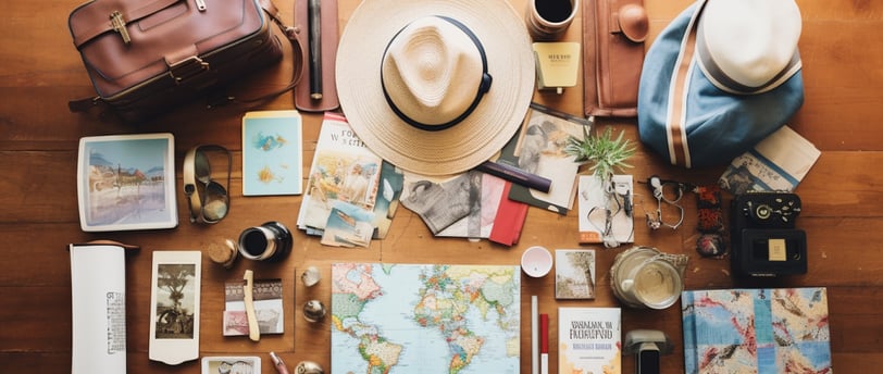 a hat with and other travel essentials laid out on a table