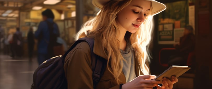 a solo female traveler in a hat mini tablet