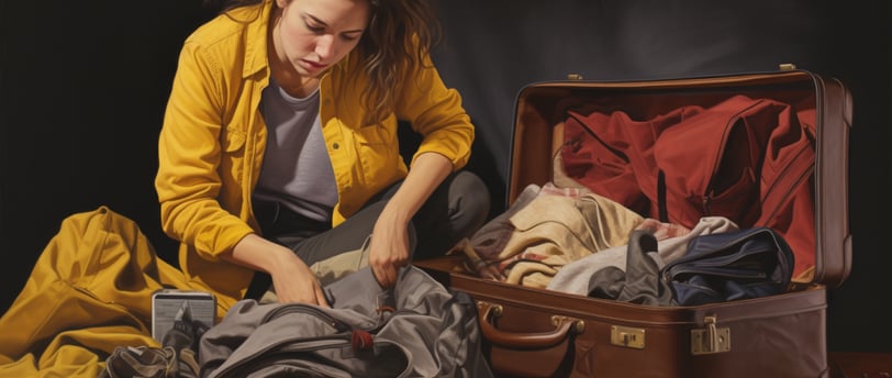 a woman struggling with a suitcase