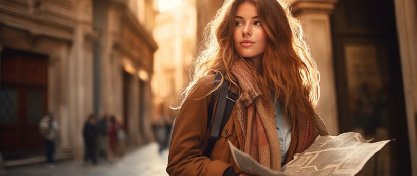 a woman in a coat and scarf standing in a city in Europe