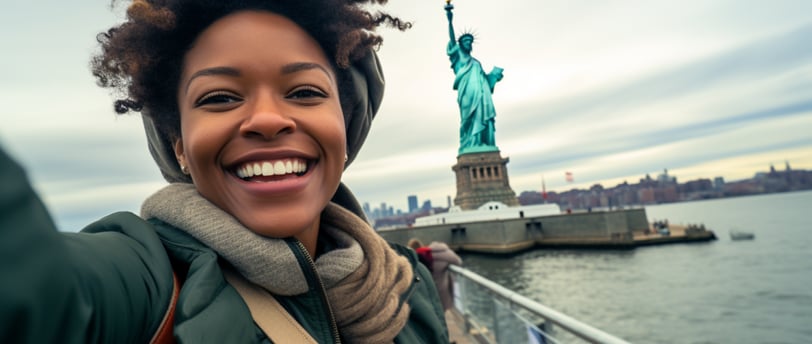 a woman in a green jacket and scarf on a New York ferry