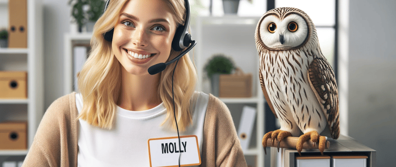 a woman with a headset and a owl