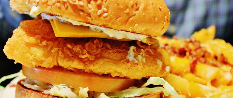 a burger - style chicken sandwich with cheese and fries