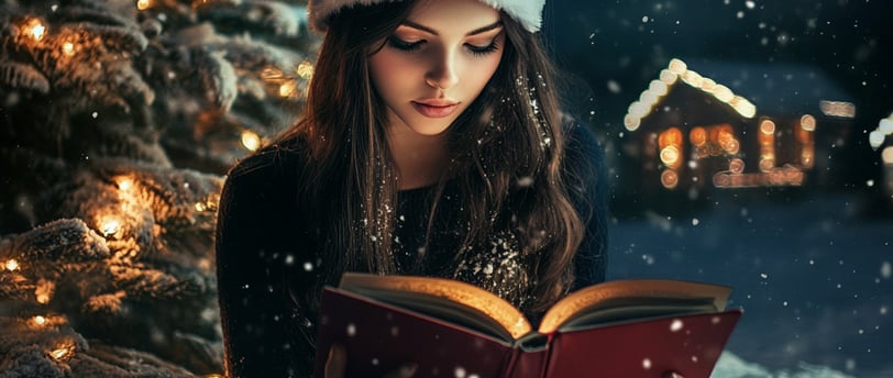 a woman in santa claus hat and santa claus hat reading a book