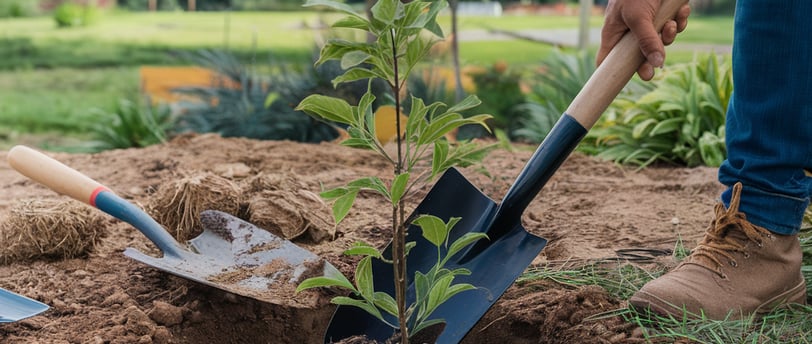 a man is holding a shovel and planting a tree