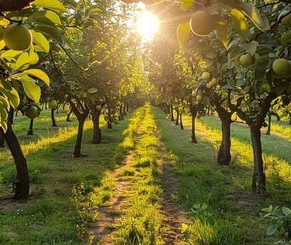Sunlight coming through the trees in an orchard
