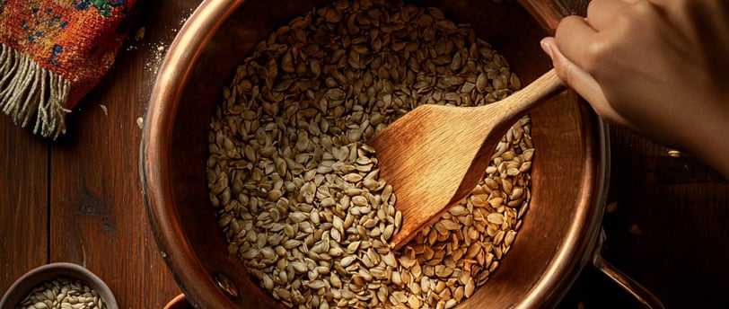 Cazo de cobre artesanal, Cocinar semillas mexicanas, Semillas tostadas, Cocina artesanal