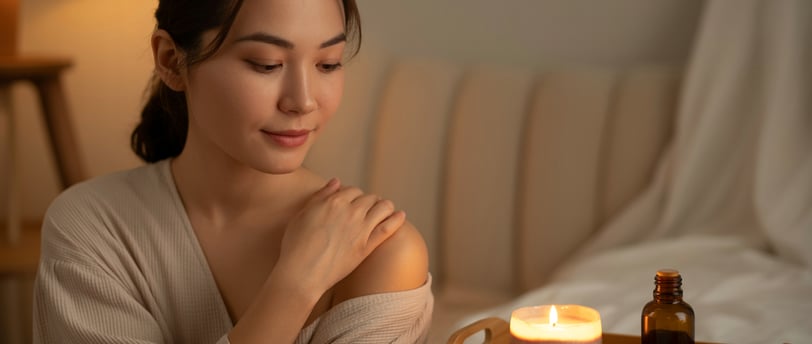 Người phụ nữ Việt massage bằng nến dưỡng thể trong không gian sống chậm và ấm áp