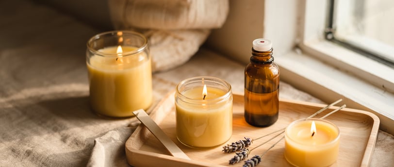 Flat lay nến sáp ong handmade và tinh dầu thiên nhiên