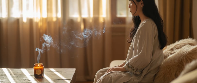 Cô gái người Việt đốt nến thơm khử mùi trong phòng khách yên tĩnh, ánh sáng ấm áp