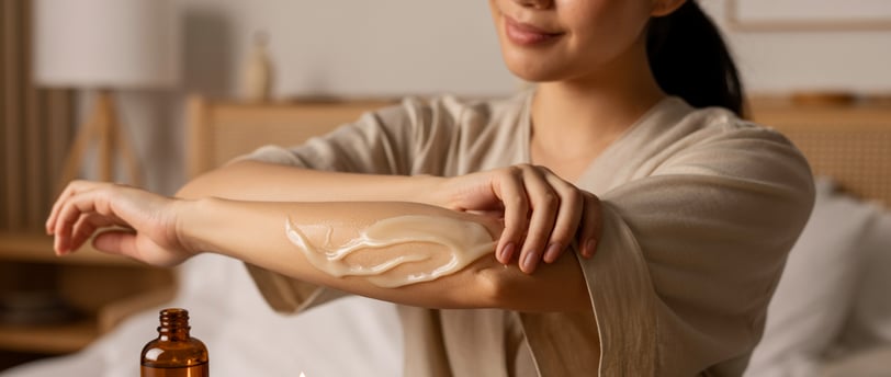 Người phụ nữ châu Á massage tay với nến dưỡng da trong không gian thư giãn tại nhà