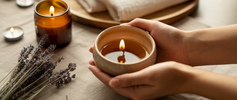 Nến massage đang tan chảy tỏa hương dịu nhẹ trong không gian ấm áp, thư giãn tại nhà