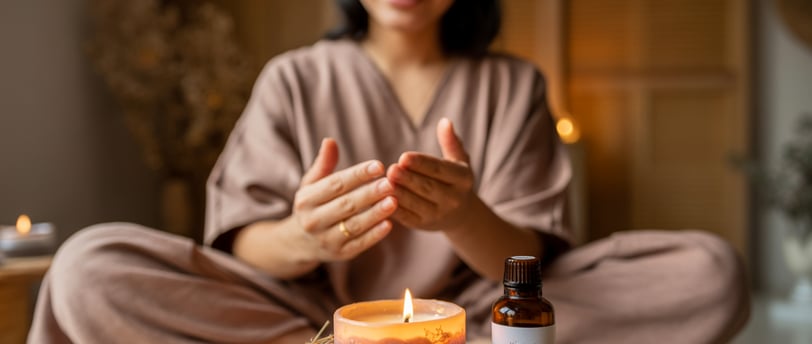 Người phụ nữ Việt thư giãn bên nến massage thủ công, tinh dầu thiên nhiên và ánh sáng dịu nhẹ