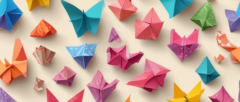 An origami crane is suspended in a dimly lit scene, accompanied by several other paper cranes and abstract shapes. The lighting highlights the intricate patterns and textures on the origami, with a backdrop of soft shadows and concentrated light on the central objects.