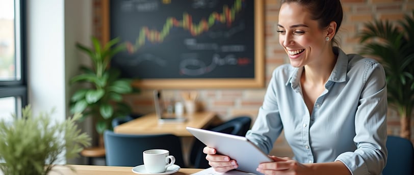 A happy business woman reading a marketing research report, drinking a hot beverage.