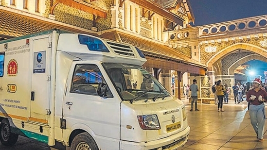 Mumbai, India - Dec. 25, 2024: Ambulance standing out side the Bandra station in Mumbai, India, on W