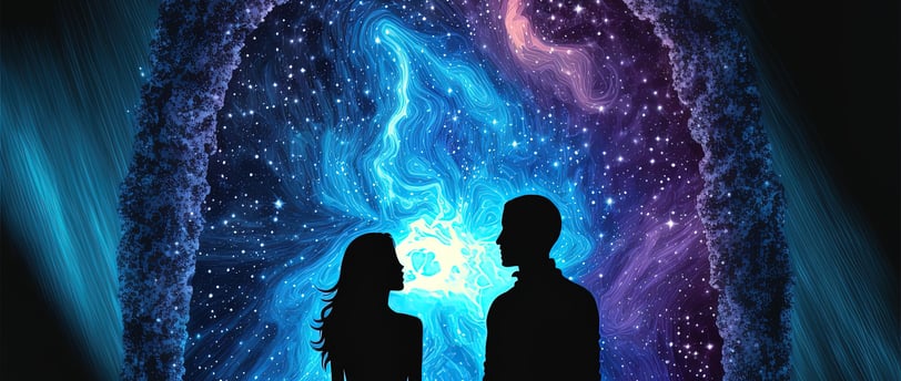 a couple standing in front of a galaxy - like structure