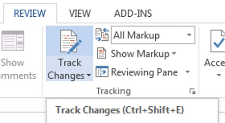A screenshot of the Track Changes tool in the toolbar of Microsoft Word