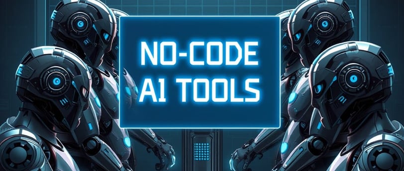 team of robots with a text backgroud as no code AI tools