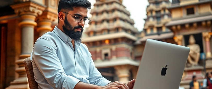 a digital marketer working in a apple laptop where background is a temple